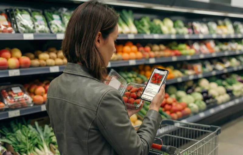 A shopper scans a box of strawberries with the app to check quality and expiry